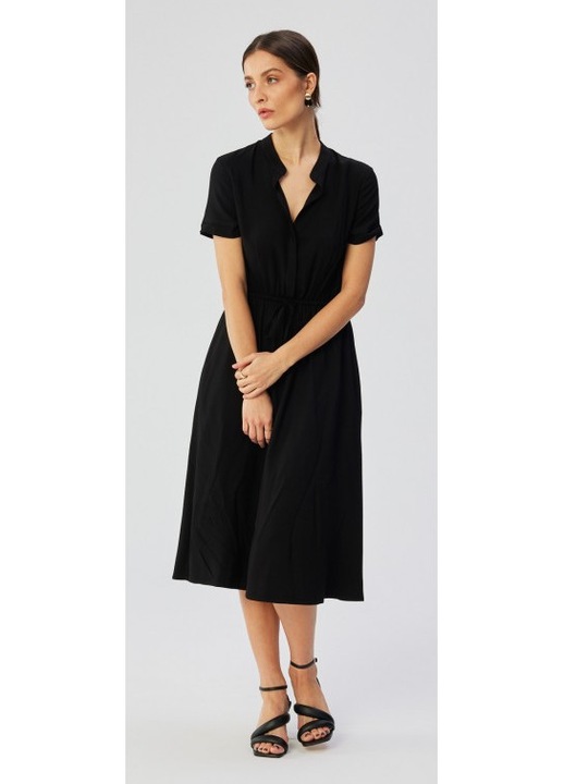 Rochie dama, midi cu mansete legate, Poliester, Albastru, Negru, L