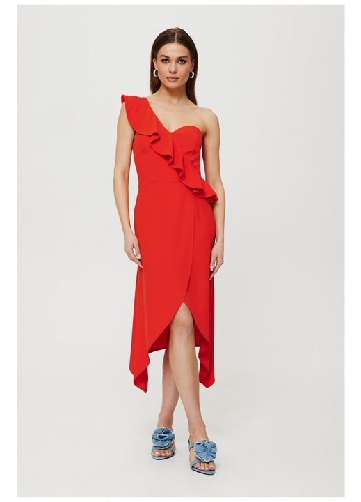 Rochie dama, cu volane pe un umar, Poliester, Rosu, Coral