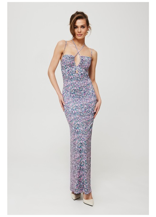 Rochie dama, maxi imprimata cu cravata la decolteu,Poliester, Negru