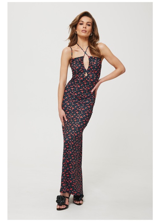 Rochie dama, maxi imprimata cu cravata la decolteu, Poliester, Negru, Multicolor