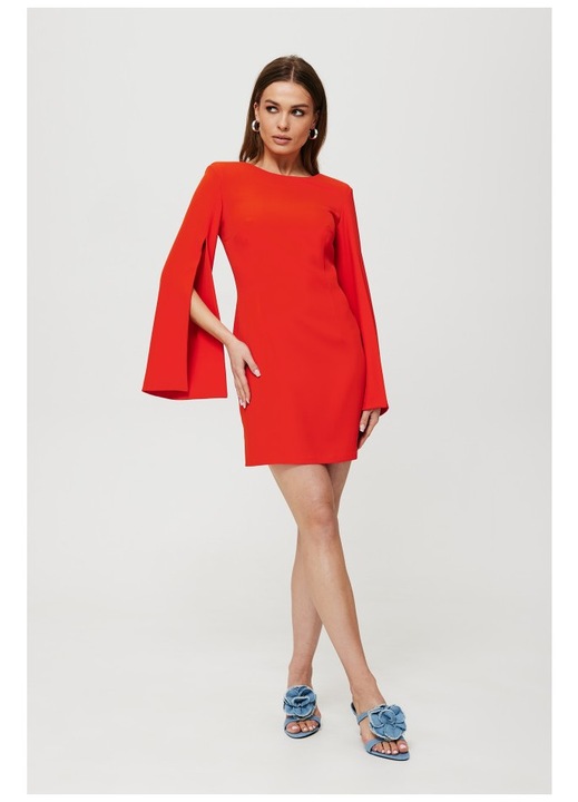 Rochie dama, cu maneci cu croiala, Poliester, Negru, Coral