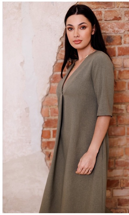 Рокля трапец с V-образно деколте - маслено зелено, XL