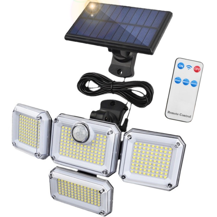 Lampa Solara de Exterior Dasbo®, 333 x cip-uri LED, Cu Senzor De Miscare, cu Brate Reglabile, Panou solar detasabil cu fir 5m, Telecomanda, Rezistenta la Apa IP65