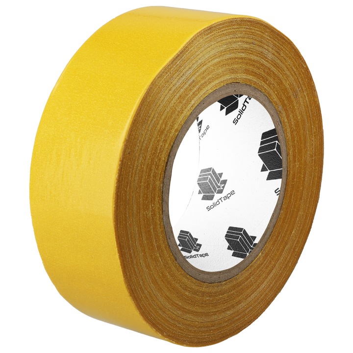 Banda cu doua fete, rezistenta, intarita cu material, latime 48 mm, lungime rola 23 m, transparenta, adeziv din cauciuc, acoperire de protectie galbena, instalare usoara