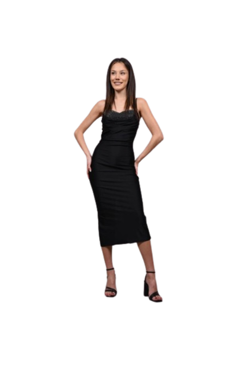 Alkalmi ruha vékony pántokkal, szeráf strasszokkal, Fekete