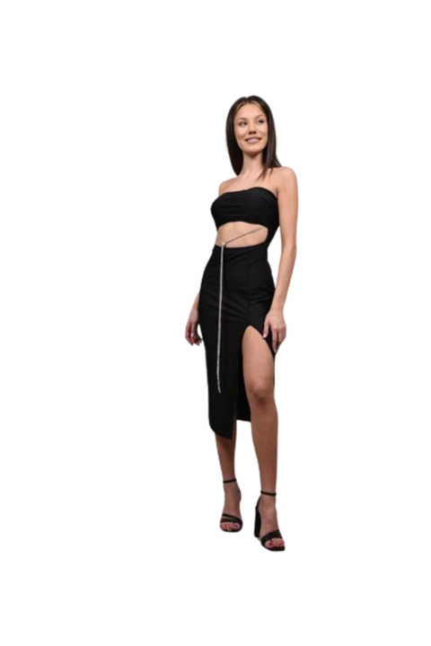 Alkalmi pánt nélküli midi ruha, fekete, rátétekkel, XS/S