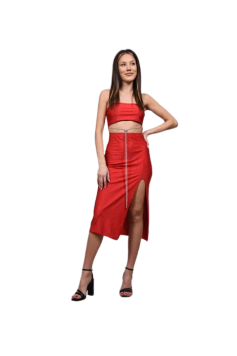 Alkalmi pánt nélküli midi ruha, piros, rátétekkel, XS/S