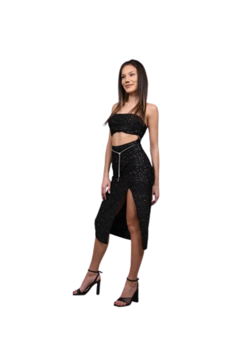 Alkalmi pánt nélküli midi ruha zingarello xs-s fekete és ezüst rátétekkel