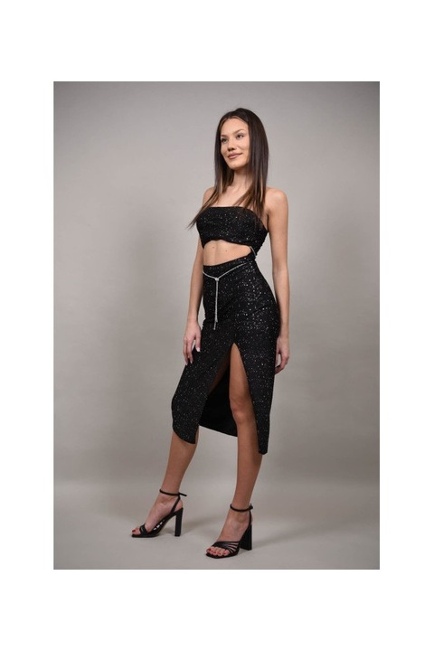 Rochie midi de ocazie fara bretele cu aplicatii zingarello xs-s negru cu argintiu