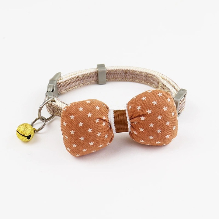 Zgarda ajustabila Manolex® cu clopotel si fundita textila, Cafeniu