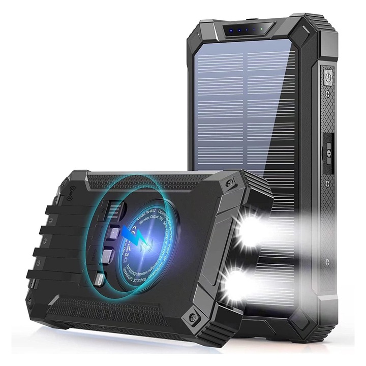Solar power bank, 30000mAh, безжично зареждане 5W, 4 порта, LED фенерчета, IPX4, Черен