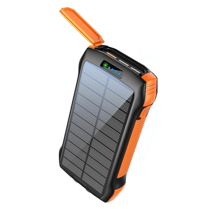 Външна Соларна Батерия, Power Bank 33500 mAh, Безжично Зареждане, Вграден Компас и Фенер, Бързо Зареждане, Водоустойчива, Черен/Оранжев