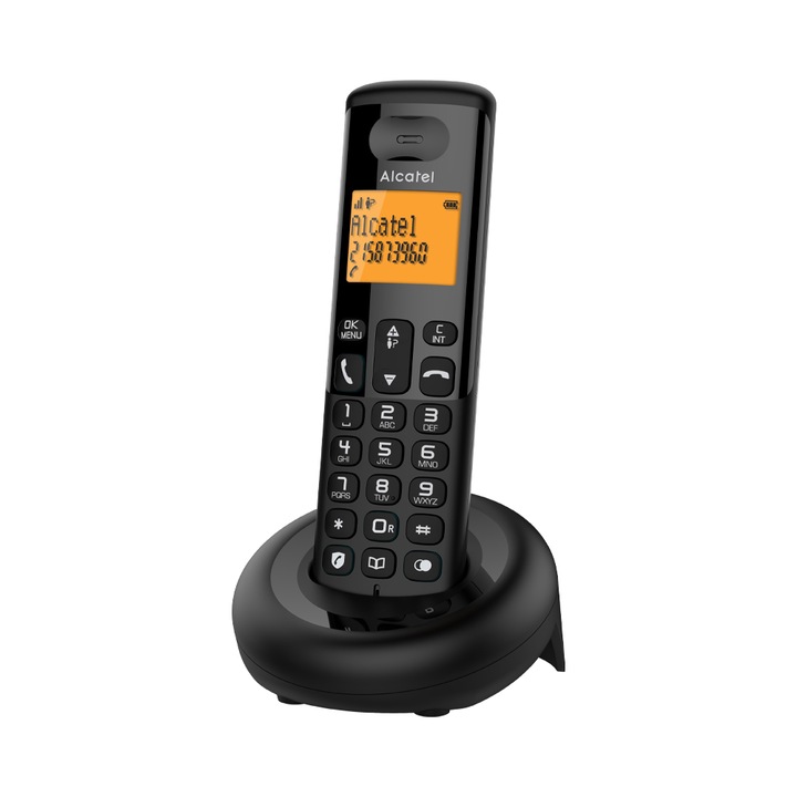 Vezeték nélküli telefon, Alcatel, LCD képernyő, Ébresztőóra, Hatótávolság 50-300 m, Fekete