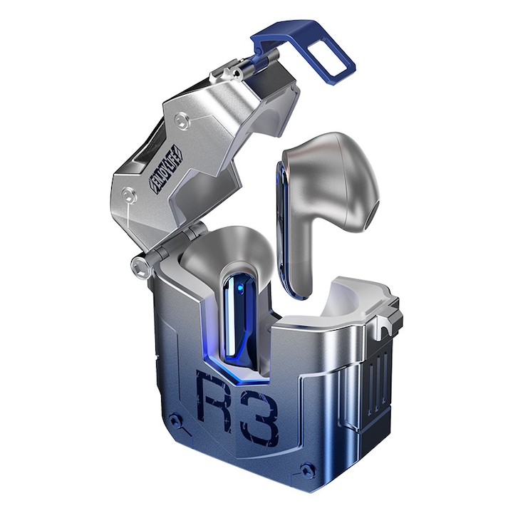 Rock R3 Bluetooth fülhallgató, Hi-Fi, IPX4 vízálló, RGB, Ezüst/Kék