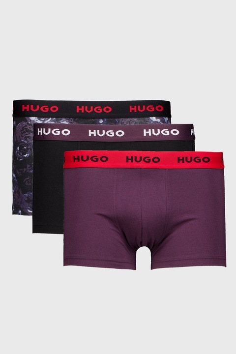 HUGO, Set de boxeri cu logo - 3 perechi, Negru/Violet pruna