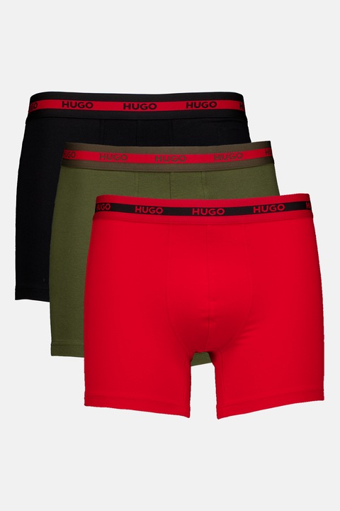 HUGO, Boxeri din bumbac organic cu logo - 3 perechi, Rosu/Negru/Verde masliniu