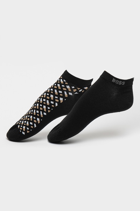 BOSS, Set de sosete pana la glezna cu model - 2 perechi, Negru/Maro camel/Alb murdar, 39-42