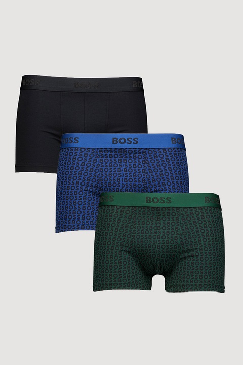 BOSS, Set de boxeri cu imprimeu logo- 3 perechi, Negru/Albastru royal/Verde englez