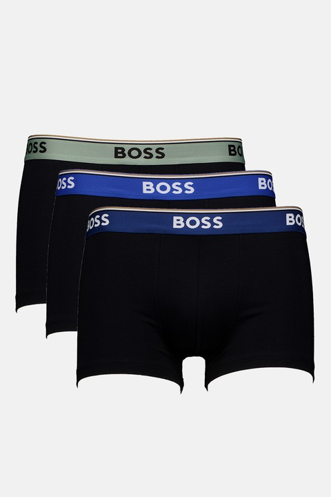 BOSS, Set de boxeri cu banda logo in talie - 3 perechi, Negru/Bleumarin