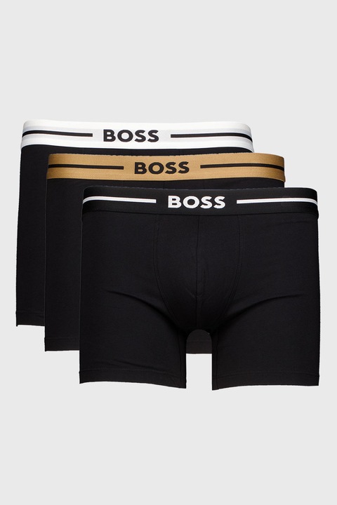 BOSS, Set de boxeri cu banda logo in talie - 3 perechi, Negru