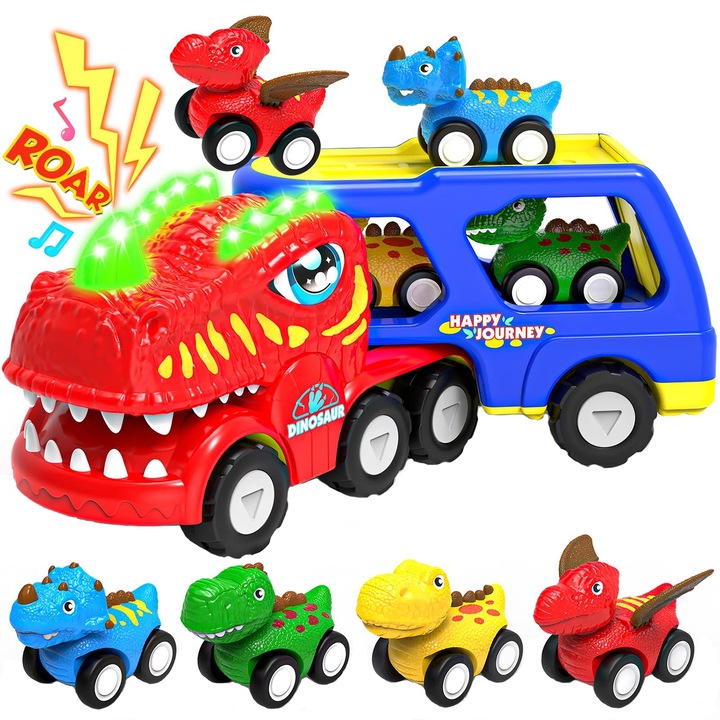 Set camion cu dinozauri, 5 piese, cu lumini si sunete, ABS, multicolor, pentru copii 2-6 ani