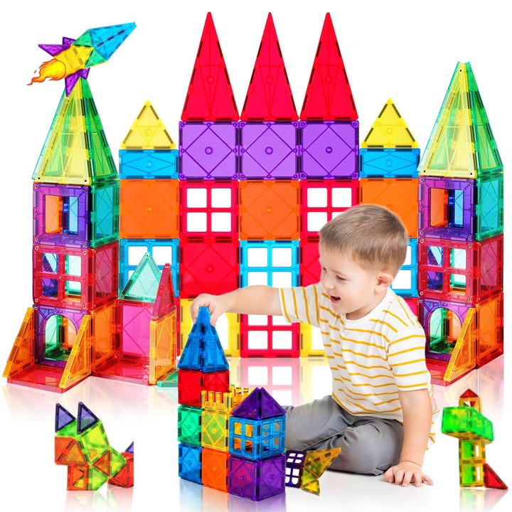 Set Inteligent de Constructie Magnetic 3D, 70 de Piese, activitati senzoriale, posibilitati nesfarsite, culori stralucitoare, fara BPA, margini rotunjite, magneti puternici, educational/creativ, multicolor