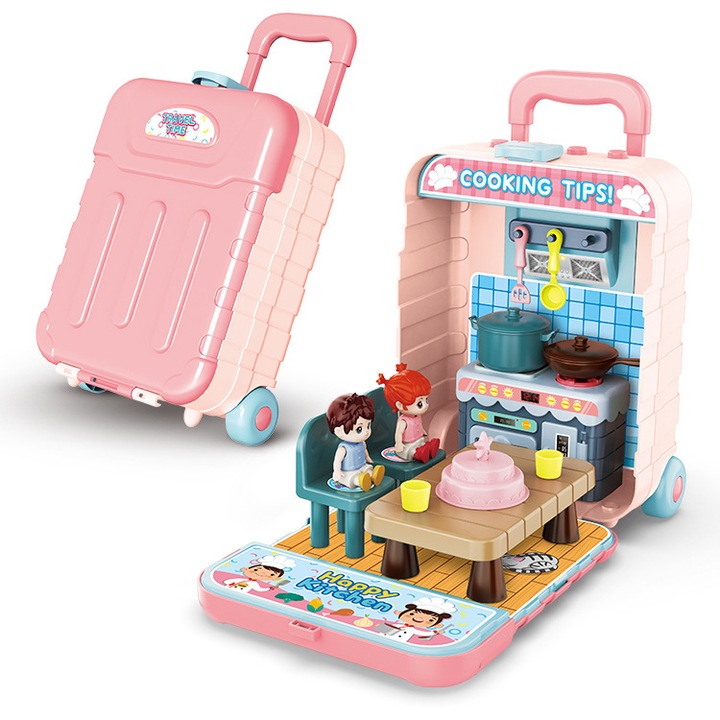 Játékkonyha, Átalakítható bőrönd készlet tartozékokkal, rózsaszín, 3 év+