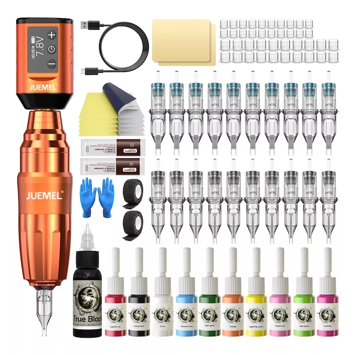 Set de masini rotative de tatuaj cu stilou fara fir, Juemel, M7055, aluminiu, viteza 8000 RPM, 11 culori, cu 20 de ace, design ergonomic, compact si portabil, stil stilou, Portocaliu