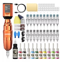Set de masini rotative de tatuaj cu stilou fara fir, Juemel, M7055, aluminiu, viteza 8000 RPM, 11 culori, cu 20 de ace, design ergonomic, compact si portabil, stil stilou, Portocaliu