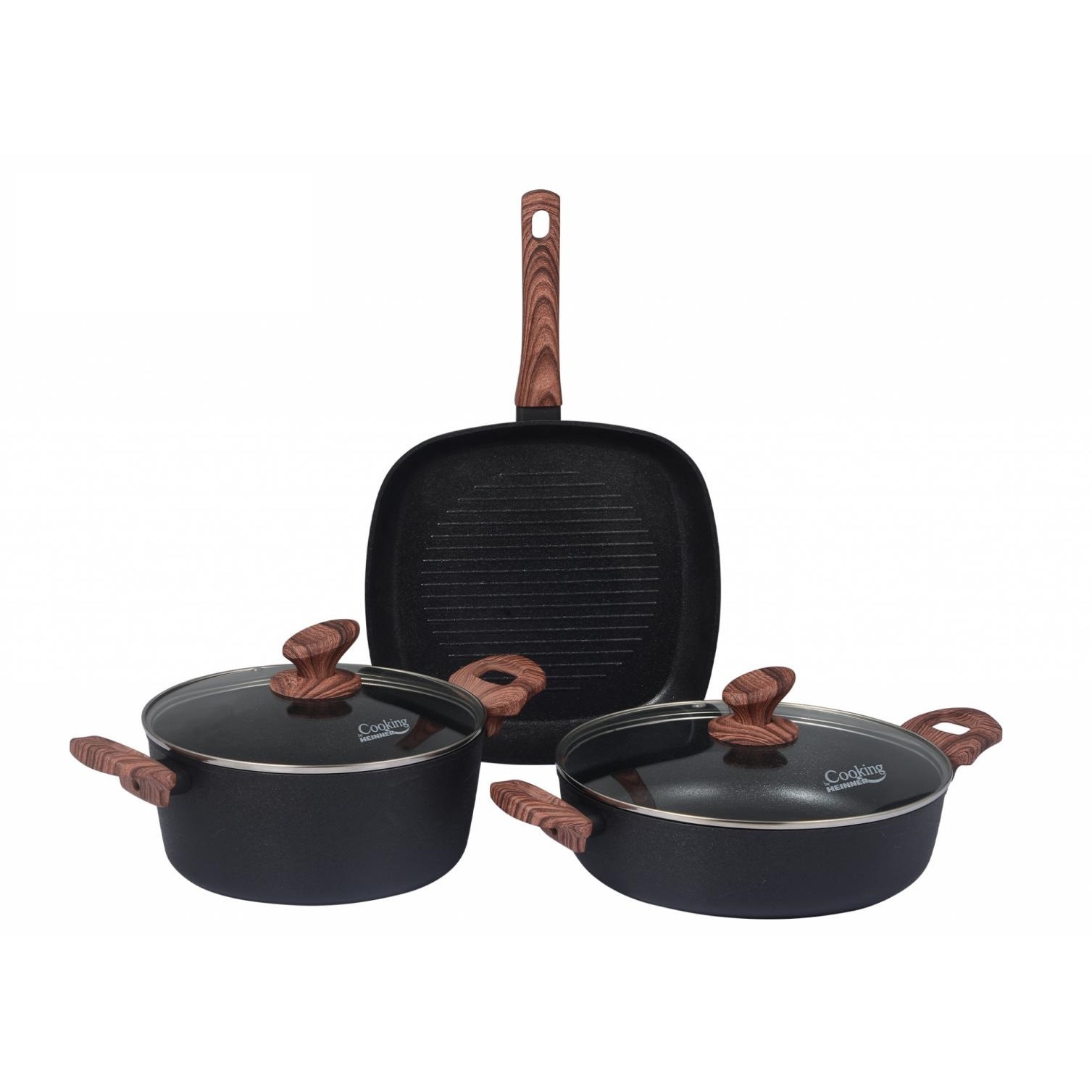 Set pentru gatit din aluminiu forjat, acoperire cu aspect sablat, 3 straturi, baza inductie, 5 piese, Negru