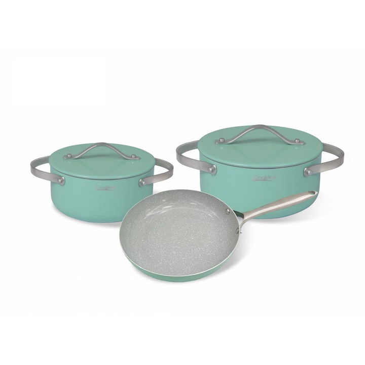 Set pentru gatit 5 piese din aluminiu presat, capace din aluminiu, acoperire ceramica cu aspect marmorat, baza inductie, Multicolor