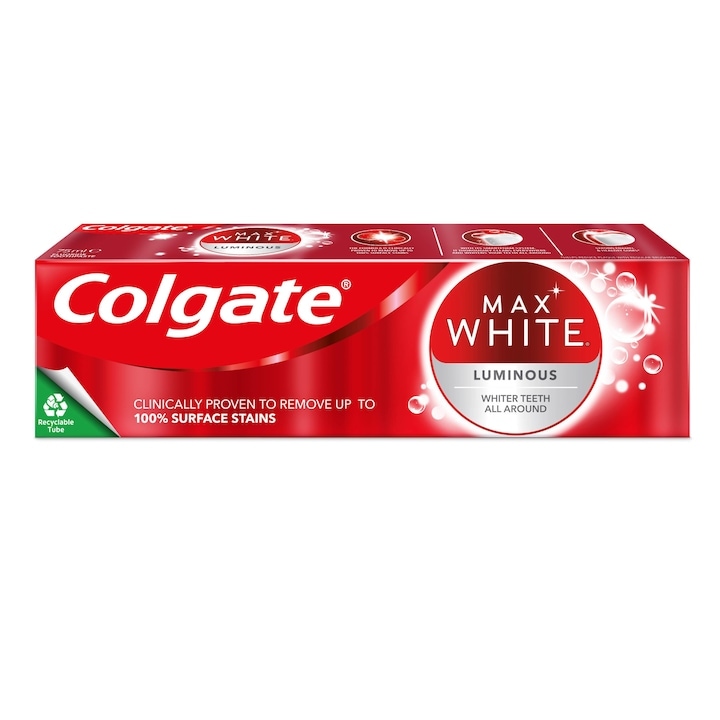 Паста за зъби, Colgate, Max White, Luminous, избелващ ефект на зъбите, с флуорид, вкус на мента, 75 ml