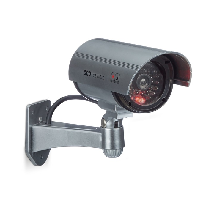 Camera de Supraveghere Falsa, cu LED Rosu Intermitent, pentru Interior si Exterior, Montaj Simplu pe Perete, Plastic Robust, Gri, 11 x 31 cm