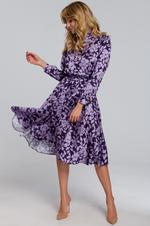 Дамска рокля, деколте, елегантна, дълъг ръкав, полиестер/памук, синя, Черен, M