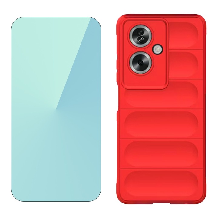 Комплект 2.5D стъклен протектор, Optically Clear Glass, Industry High 9H+ и силиконов Buffer калъф с микрофибър, За Oppo A79, OPTIM SOLUTION, Military-Grade Resistance, Против пръстови отпечатъци, Flexible TPU, Ergonomic Design, Червен