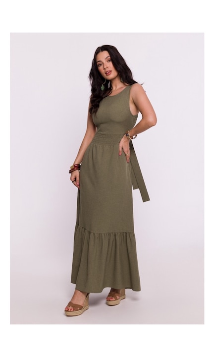 Рокля с гумиран колан и връзка на гърба, BeWear, Зелен, XL