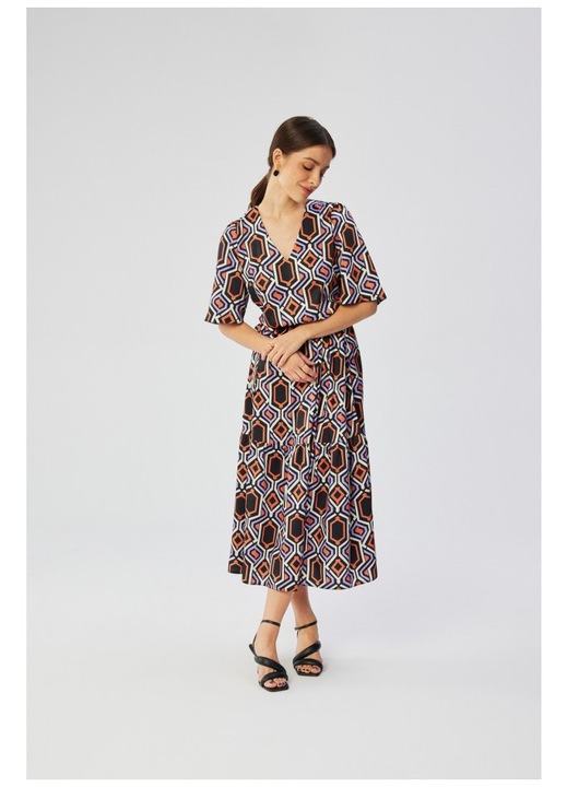 Rochie dama, maxi cu volane, Poliester, Rosu, Multicolor