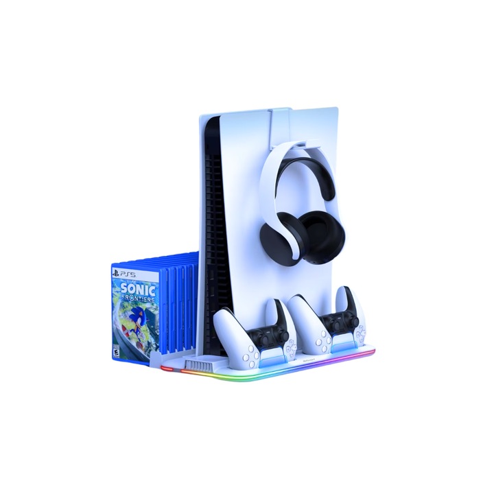 Stand Racire Vertical Pentru PlayStation5 Digital/PlayStation5 Disc Adolcef, 5-1 Multifunctional, Statie Cu 2 Porturi Incarcare Controllere, Incarcare Rapida, Suport Casti, Ventilator, 6 Sloturi De Depozitare CD-uri, Lumina RGB, Alb