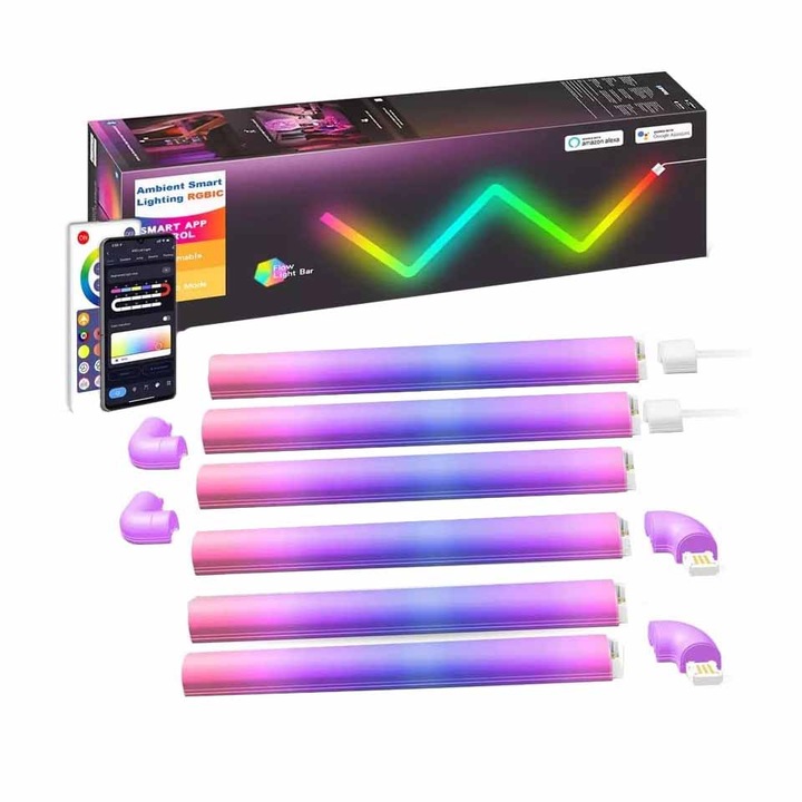 Set 6 tuburi led, Roled®, Multicolor RGB, Bluetooth, Telecomanda, 31x2, 6x3cm