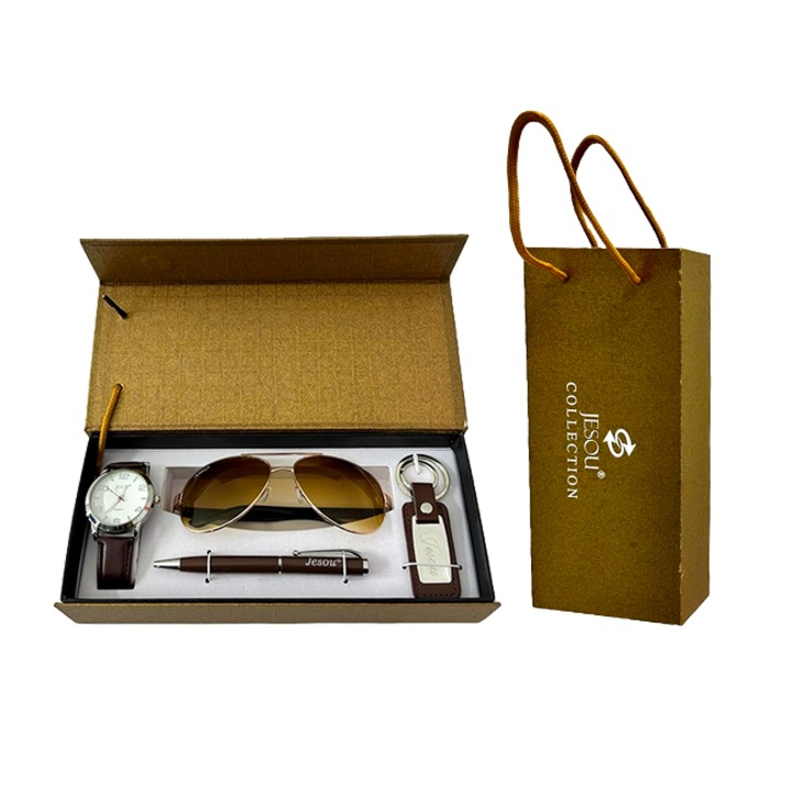 Set cadou pentru barbati JESOU COLLECTION, cutie cu ceas, ochelari de soare, breloc si pix, 27x13 cm, Maro, Velve
