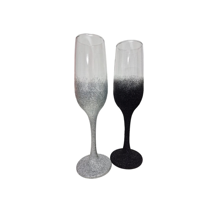 Set 2 pahare pentru sampanie, miri sau nasi cu sclipici argintiu si negru, handmade