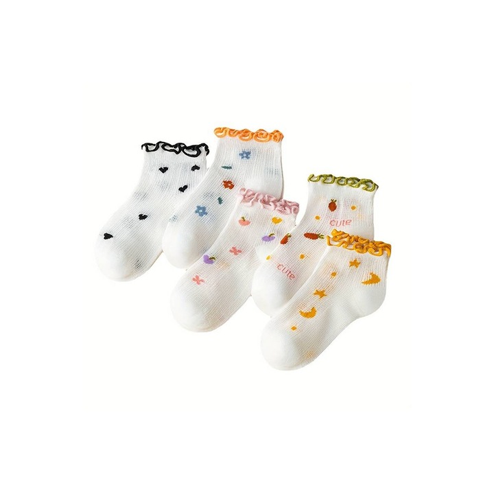 Детски чорапи, комплект от 5 чифта, шарка на гънки със забавна щампа, контрастен вълнообразен ръб, мотив прекрасни щастливи крака, EFAYN, Бял/Многоцветен