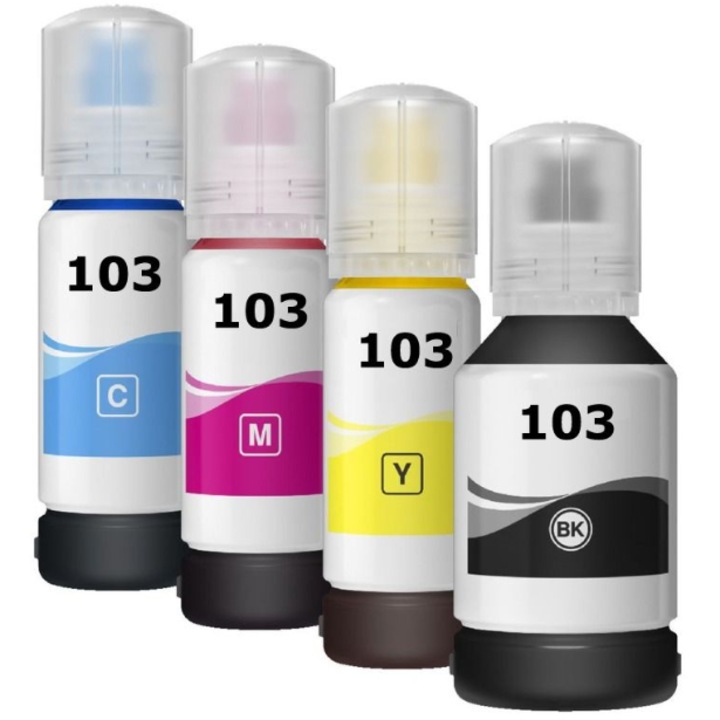 Set 4 flacoane de cerneala compatibile cu Epson T102/103/105/107 negru 130ml, cyan, galben, magenta 70ml