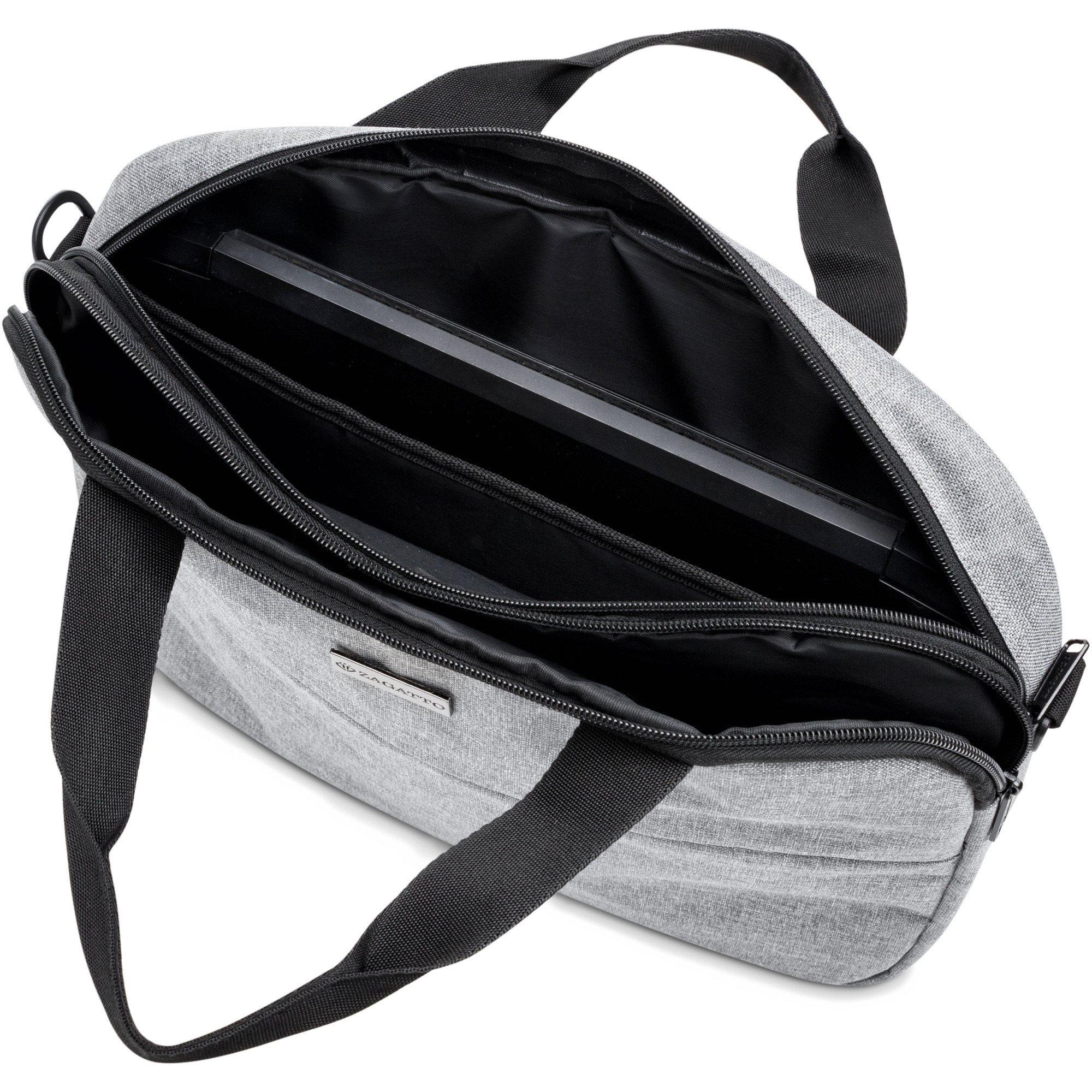 Geanta laptop, Zagatto®, 15.6", 40x30x5,5 cm, Gri, Atasabila la troler, Impermeabila, Curea de umar reglabila si detasabila, Doua compartimente, Buzunar frontal cu fermoar, ZG871