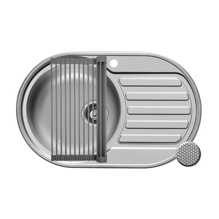 Set chiuveta inox Pyramis SR MINI si suport multifunctional ROLL UP, 1 cuva, 1 picurator, 765x480mm, adancime 150mm, orientare stanga, finisaj inox texturat