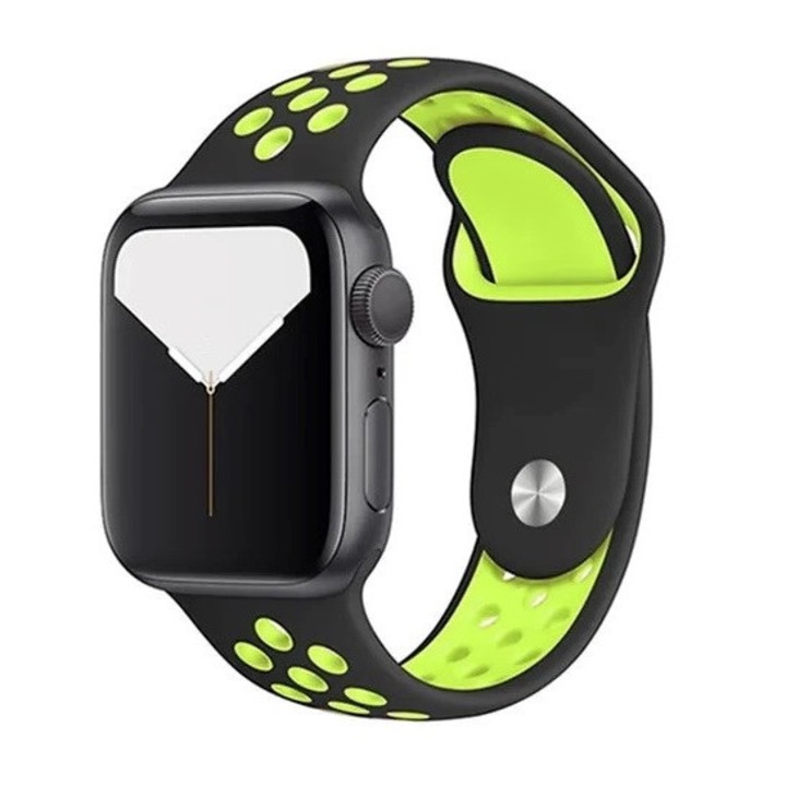Каишка с перфорация за вентилация, Силиконова спортна, съвместима с Apple Watch Ultra/SE/8/7/6/5/4/3/2/1 - 42/44/45/49mm, ClickDeal®, летни цветове, приятен на допир, черен със зелени перфорации