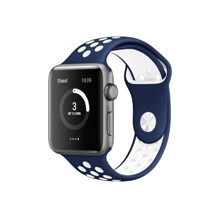 Curea sport din silicon cu perforatii pentru aerisire compatibila Apple Watch Ultra/SE/8/7/6/5/4/3/2/1 - 42/44/45/49mm, ClickDeal®, culori de vara, placuta la atingere, Albastra cu perforatii albe