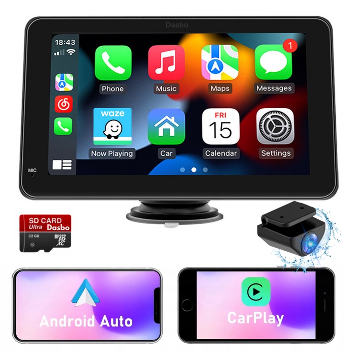 Универсална автомобилна навигация със 7-инчов дисплей с Dasbo® Touch screen, Apple Carplay и Android Auto, Bluetooth, FM радио, Handsfree, AUX, черен