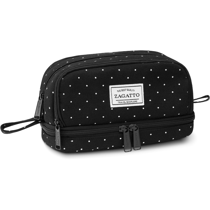 Penar scolar pentru fete, Zagatto, Negru cu puncte albe, 22x9,5x11 cm, Mare cu 4 compartimente, Maner pentru trasport, Tip borseta, Impermeabil, ZG872