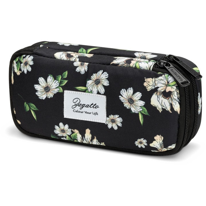 Penar fete, Zagatto®, Negru cu imprimeu floral, Dimensiuni 22x10x6 cm, Cu 2 compartimete, Penar scolar neechipat, Multifunctional, Usor, rezistent si practic, Impermeabil, Tip etui, ZG880